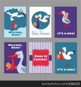 Baby shower invitations vector cards with stork and baby. Arrival boy or girl illustration. Baby shower invitations vector cards with stork and baby