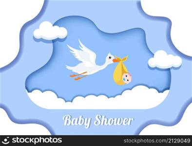 Baby Shower Little Boy or Girl with Cute Design Stork, Cloud Background Illustration for Invitation and Greeting Card