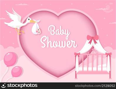 Baby Shower Little Boy or Girl with Cute Design Stork, Cloud Background Illustration for Invitation and Greeting Card