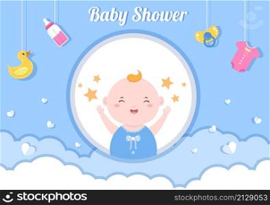 Baby Shower Little Boy or Girl with Cute Design Toys and Accessories Newborn Babies Background Illustration for Invitation and Greeting Cards
