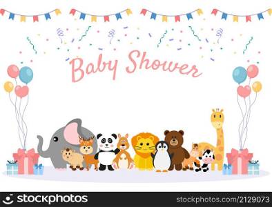 Baby Shower Little Boy or Girl with Cute Jungle Animals Design Background Vector Illustration Suitable for Invitation and Greeting Card
