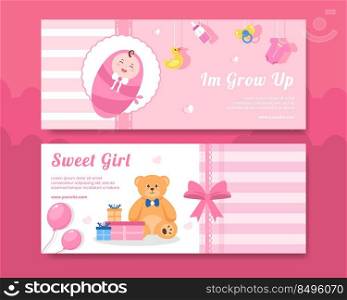 Baby Shower Little Girl Banner Template Flat Cartoon Background Vector Illustration