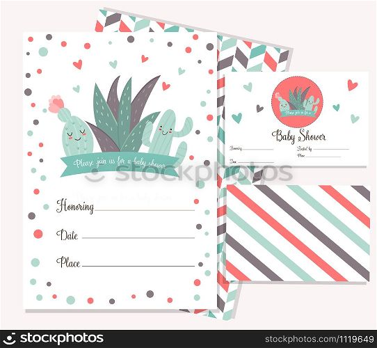 Baby shower poster with cute cactus. Invitation template. Baby shower card with cute cactus.