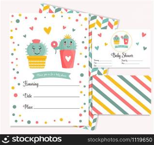 Baby shower poster with cute cactus. Invitation template. Baby shower card with cute cactus.