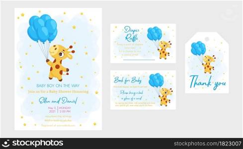 Baby Shower printable party invitation card template Baby boy on the way with Diaper Raffle, Book for baby and Thank you tag. Invitation set with cute little giraffe flying on balloons.