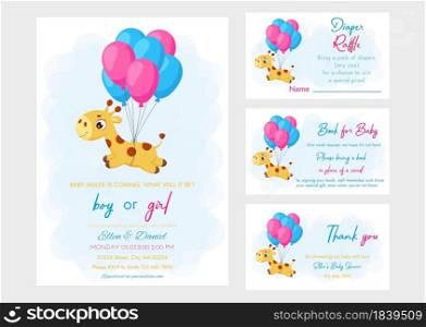 Baby Shower printable party invitation card template Baby boy or girl with Diaper Raffle, Book for baby and Thank you card. Invitation set with cute little giraffe flying on balloons.