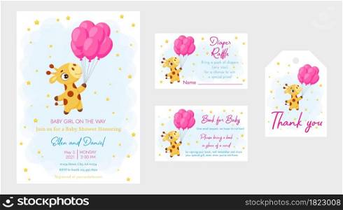 Baby Shower printable party invitation card template Baby girl on the way with Diaper Raffle, Book for baby and Thank you tag. Invitation set with cute little giraffe flying on balloons.