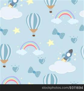 Baby shower seamless pattern  for boy with balloon, cloud,sky, elephant,sun
