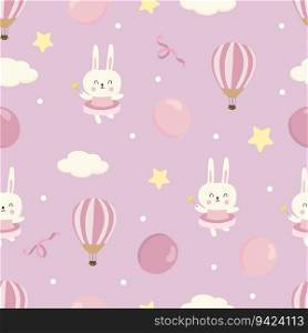 Baby shower seamless pattern  for girl with sky,balloon, star,rabbit