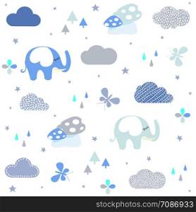 Baby shower seamless pattern with Cute elephant, clouds, butterfly, flowers, mushrooms.
