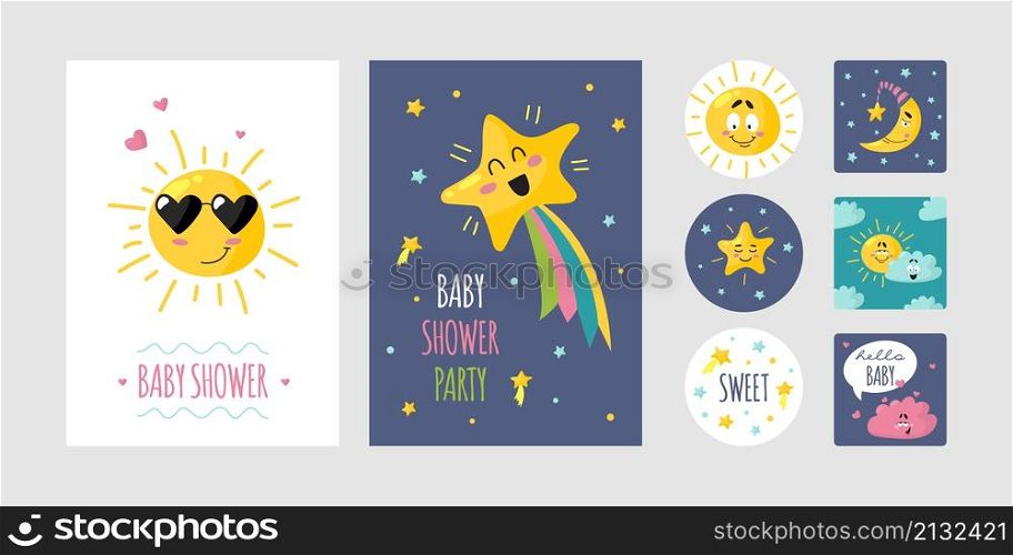Baby shower template. Cute invitation, newborn postcards and banners with cartoon stars, sun and emotional clouds. Invite flyers classy vector illustration design. Baby shower template. Cute invitation, newborn postcards and banners with cartoon stars, sun and emotional clouds. Invite flyers classy vector design