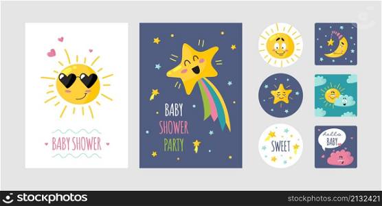 Baby shower template. Cute invitation, newborn postcards and banners with cartoon stars, sun and emotional clouds. Invite flyers classy vector illustration design. Baby shower template. Cute invitation, newborn postcards and banners with cartoon stars, sun and emotional clouds. Invite flyers classy vector design