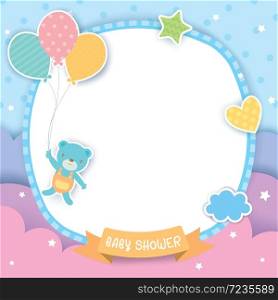 Baby shower template design with bear and balloons for frame on blue sky background.