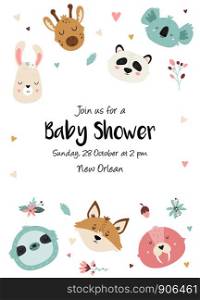 Baby Shower Vertical Invitation with cute hand drawn animals. Baby Shower Card Template.. Baby Shower Invitation with cute animals.