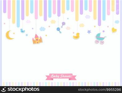Baby shower with toys and symbol decorated with colorful stripe