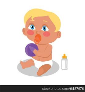 Baby Sitting on the Floor with a Ball.. Baby sitting on the floor with a ball. New born child. Education of a child during the first year. Parenthood concept. Nursery, education at home. Part of series of lifelong learning. Vector