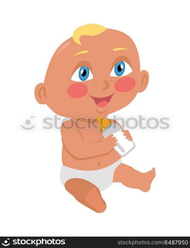 Baby Sitting on the Floor with a Bottle.. Baby sitting on the floor with a bottle. New born child. Education of a child during the first year. Parenthood concept. Nursery, education at home. Part of series of lifelong learning. Vector