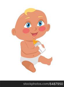 Baby Sitting on the Floor with a Bottle.. Baby sitting on the floor with a bottle. New born child. Education of a child during the first year. Parenthood concept. Nursery, education at home. Part of series of lifelong learning. Vector