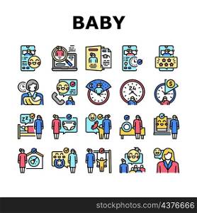 Baby Sitting Work Occupation Icons Set Vector. Woman Babysitter Baby Sitting And Playing Games With Child, Education Courses And Teaching Kid, Night And Hourly Time Line. Color Illustrations. Baby Sitting Work Occupation Icons Set Vector