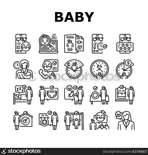 Baby Sitting Work Occupation Icons Set Vector. Woman Babysitter Baby Sitting And Playing Games With Child, Education Courses And Teaching Kid, Night And Hourly Time Black Contour Illustrations. Baby Sitting Work Occupation Icons Set Vector