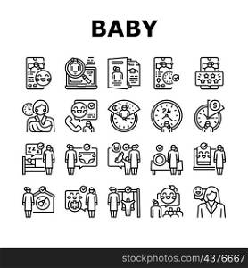 Baby Sitting Work Occupation Icons Set Vector. Woman Babysitter Baby Sitting And Playing Games With Child, Education Courses And Teaching Kid, Night And Hourly Time Black Contour Illustrations. Baby Sitting Work Occupation Icons Set Vector