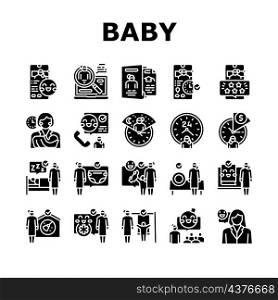 Baby Sitting Work Occupation Icons Set Vector. Woman Babysitter Baby Sitting And Playing Games With Child, Education Courses And Teaching Kid Night And Hourly Time Glyph Pictograms Black Illustrations. Baby Sitting Work Occupation Icons Set Vector