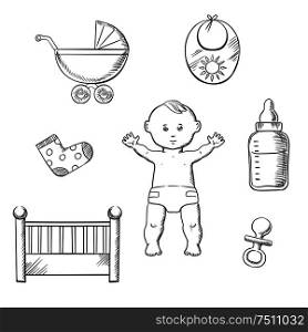 Baby sketch design with a cute little baby in a nappy encircled by a cot, crib, pushchair, booties, bib, bottle, and dummy. Vector illustration. Baby sketch design with toys and objects