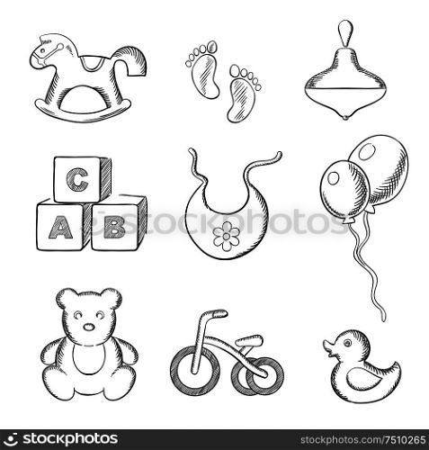 Baby sketched icons with rocking horse, duck, spinning top, abc blocks, bib, balloons, tricycle and footprints. Sketch style. Baby and toys sketched icons set