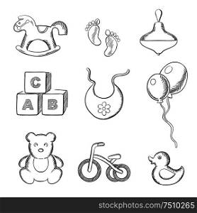 Baby sketched icons with rocking horse, duck, spinning top, abc blocks, bib, balloons, tricycle and footprints. Sketch style. Baby and toys sketched icons set