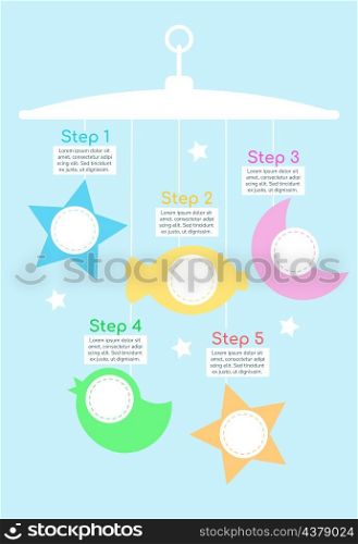 Baby sleep infographic chart design template. Abstract infochart with copy space. Instructional graphics with 5 step sequence. Visual data presentation. Comfortaa Bold, Nunito Regular fonts used. Baby sleep infographic chart design template