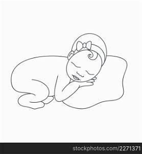 Baby sleeping doodle. Simple sketch little girl lying on cushion. Hand drawn little kid isolated vector illustration. Baby sleeping doodle