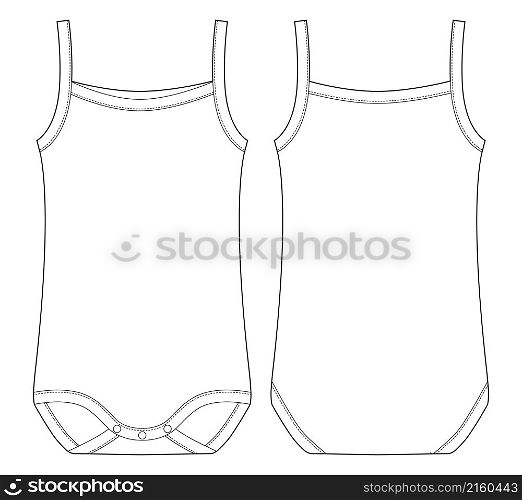 Baby sleeveless tank top body technical sketch. Children bodysuit. Infant underwear outline. Back and front view. Front and back view. CAD fashion design. Vector illustration. Baby sleeveless tank top body technical sketch. Children bodysuit.