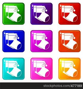 Baby socks icons of 9 color set isolated vector illustration. Baby socks set 9