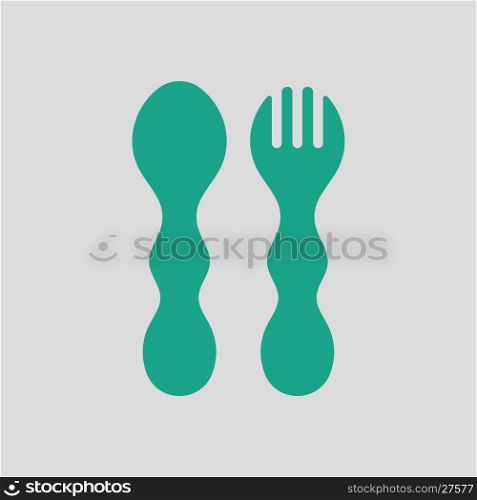 Baby spoon and fork icon. Gray background with green. Vector illustration.