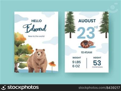 Baby stats card template with spring woodland wildlife concept,watercolor style
