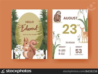 Baby stats card template with spring woodland wildlife concept,watercolor style 