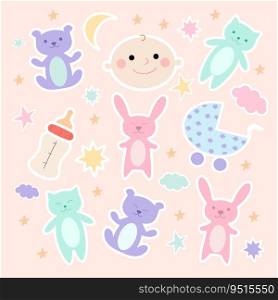 Baby sticker pack. Cute teddy bears, bunnies, cats, stroller, bottle, clouds and stars stickers. Vector art