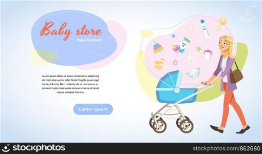 Baby Store Vector Horizontal Web Banner or Site Template with Happy Young Mother Walking with Baby Carriage and Baby Goods Set Cartoon Illustration. Online Shop with Products for Newborns Landing Page