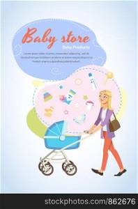 Baby Store Vector Vertical Banner or Flyer with Happy Young Mother Pushing Baby Carriage and Baby Goods Set Cartoon Illustration. Online Shop with Products for Newborns Promotional Poster Template