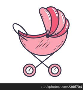 Baby stroller doodle style isolated vector illustration. Baby carriage pink color for girl. Mandatory attribute for walking and transporting children. Baby stroller doodle style isolated vector illustration