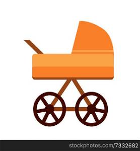 Baby stroller with wheels, baby stroller of sand color with handle, perambulator for little kids and newborn child, isolated on vector illustration. Baby Stroller with Wheels Vector Illustration