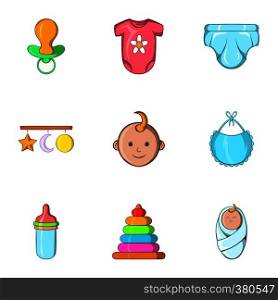 Baby supplies icons set. Cartoon illustration of 9 baby supplies vector icons for web. Baby supplies icons set, cartoon style