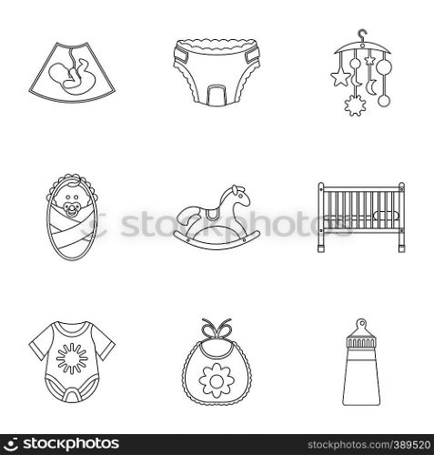 Baby supplies icons set. Outline illustration of 9 baby supplies vector icons for web. Baby supplies icons set, outline style