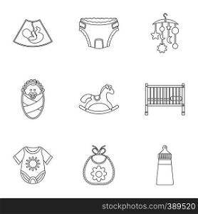 Baby supplies icons set. Outline illustration of 9 baby supplies vector icons for web. Baby supplies icons set, outline style