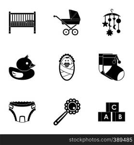 Baby supplies icons set. Simple illustration of 9 baby supplies vector icons for web. Baby supplies icons set, simple style