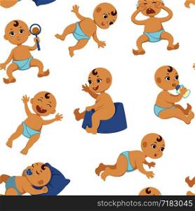 Baby toddler vector flat character seamless pattern. Isolated flat cartoon set of boy or girl infant or cute child toddler in diaper playing with beanbag toddling or crying with pacifier, sleeping and making toilet. Baby toddler vector flat character seamless pattern.