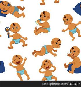 Baby toddler vector flat character seamless pattern. Isolated flat cartoon set of boy or girl infant or cute child toddler in diaper playing with beanbag toddling or crying with pacifier, sleeping and making toilet. Baby toddler vector flat character seamless pattern.