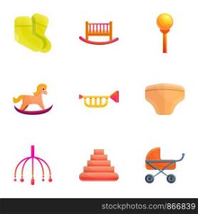 Baby toy icon set. Cartoon set of 9 baby toy vector icons for web design isolated on white background. Baby toy icon set, cartoon style