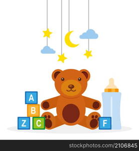 Baby toy set. Cute object for small children to play with, wooden and plastic toys, stuffed animals. Vector illustration isolated on white background. Baby toy set. Cute object for small children to play with, wooden and plastic toys, stuffed animals.