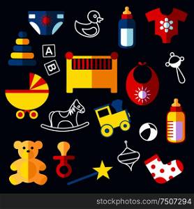 Baby toys and objects flat icons with crib, stroller, bottles, bib, baby dummy, rattle, diaper, clothes bear horse train pyramid, ball and blocks. Flat baby toys and objects
